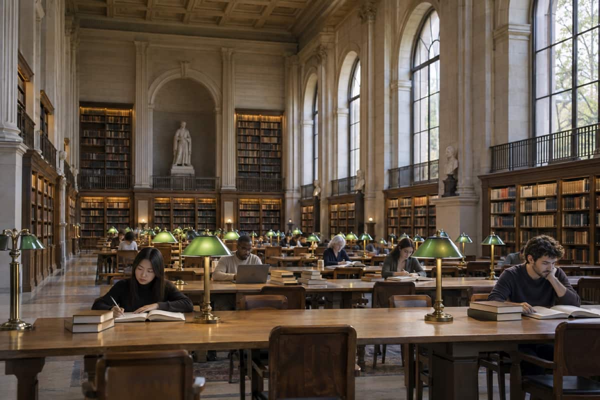 Students reading at long wooden tables in a grand library