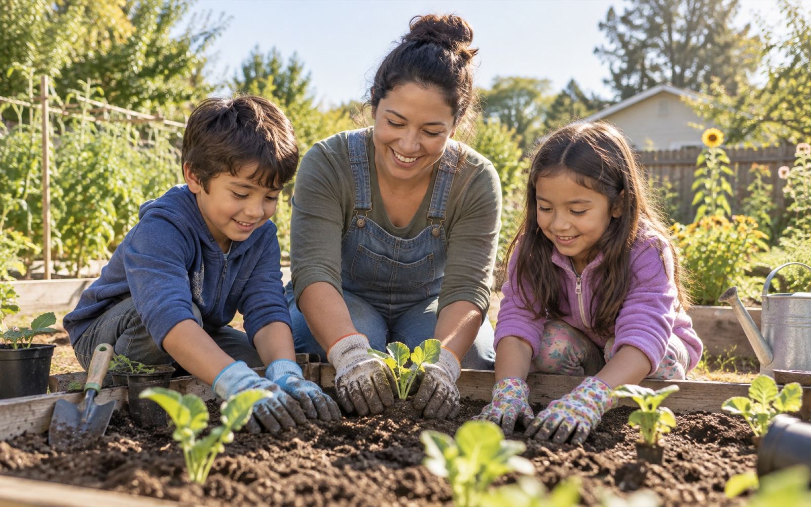 Kids planting seedlings in a raised bed